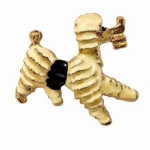 Vintage Figural Poodle Dog Brooch Cream Enamel Gold Tone Novelty Pin
